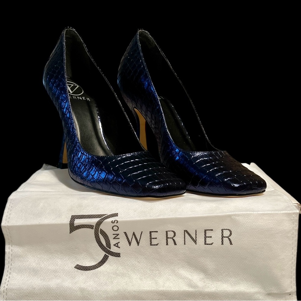 Werner- Dark Blue Croc Embossed Brazilian Square Toe Heels - Size 8